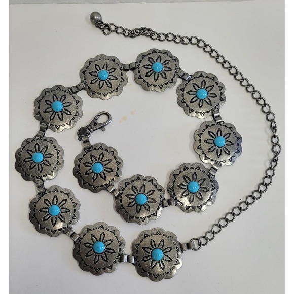 Vgt Korea G&S southwestern faux Silver‎ Tone Turquoise Concho belt women 40 Inch - Picture 1 of 9